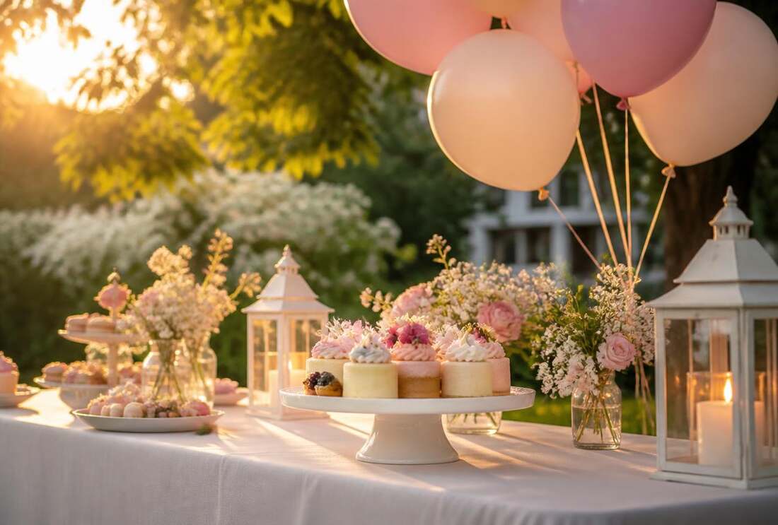 Geschmückter Gartentisch mit Torte und Laternen für eine private Feier